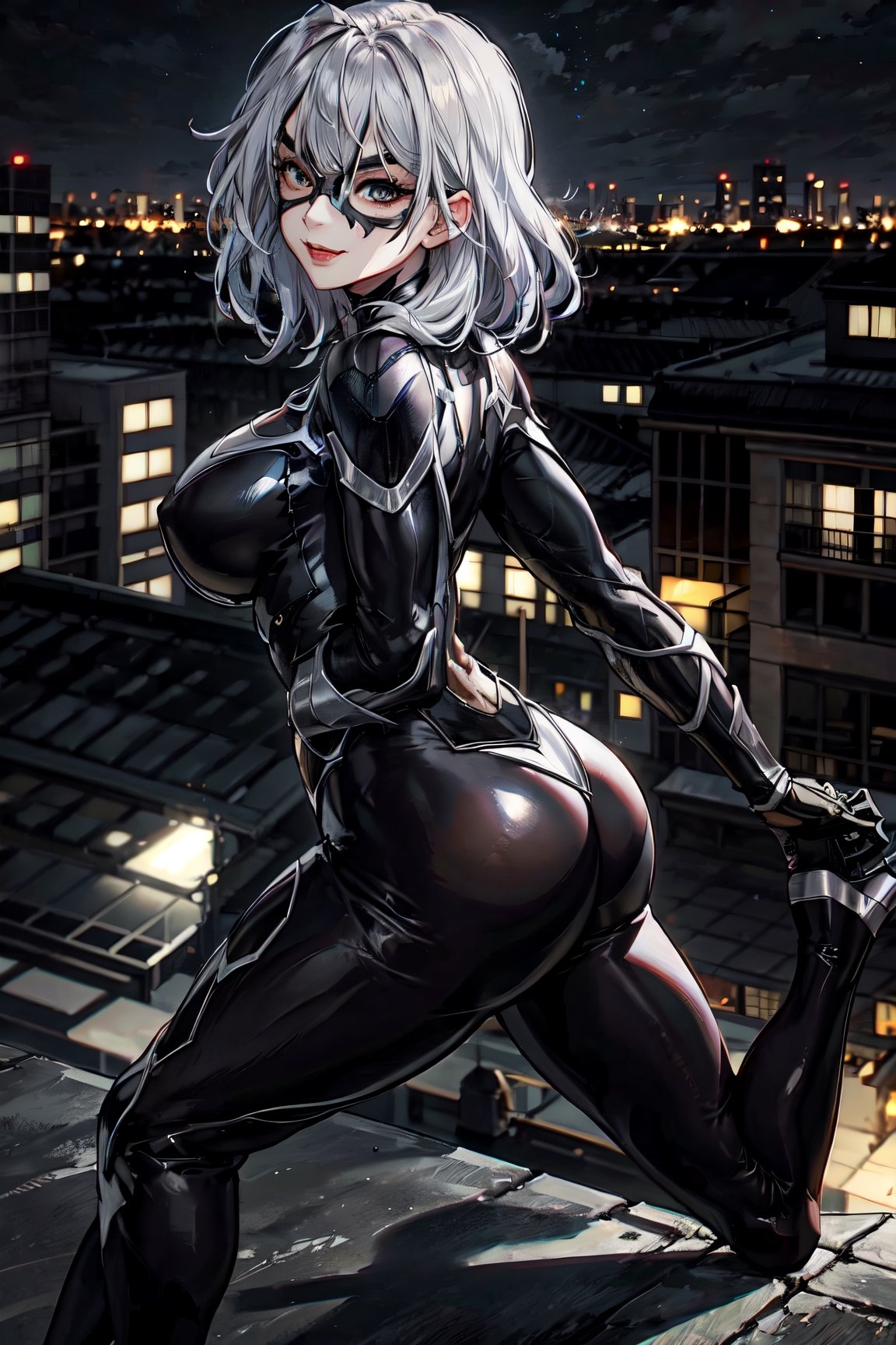 MarvelBlackCat, facial portrait, sexy stare, smirked, on top of building, night sky, city below, cars, cloudy, Spider-Man swinging, butt shot 