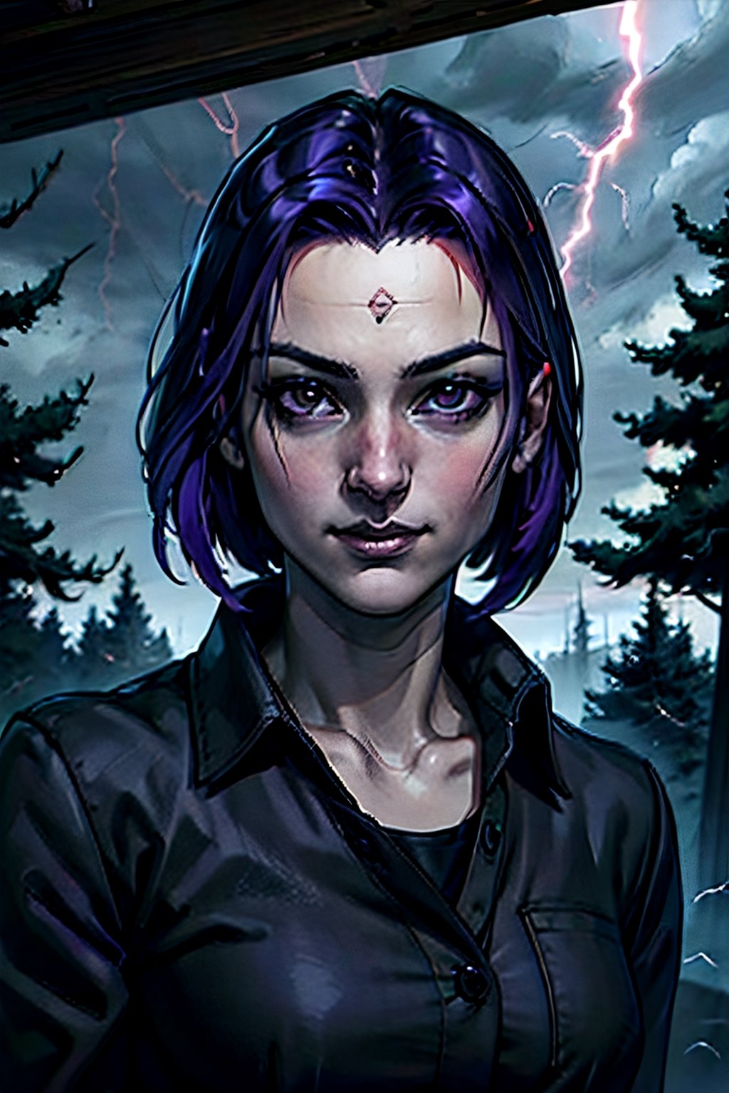 DC, Raven, facial portrait, sexy stare, smirked, dark forest, cloudy sky, lightning, fog, bats, 