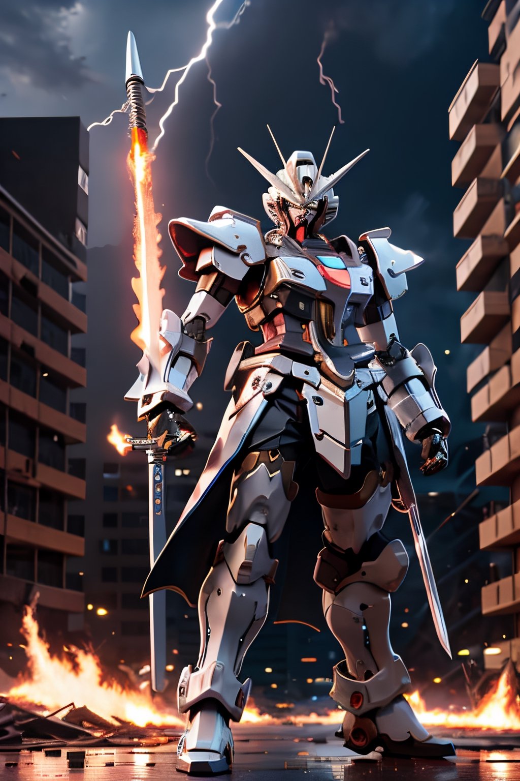 BJ_Gundam, facial portrait, full body, fighting,  fire sword,  apocalyptic land, fire on buildings, crowds, cloudy sky, lightning, 