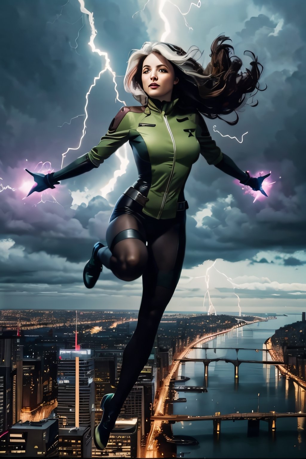 Rogue, facial portrait, sexy stare, smirked, full body, flying through the sky, city below, cloudy sky, lightning, birds, planes, 