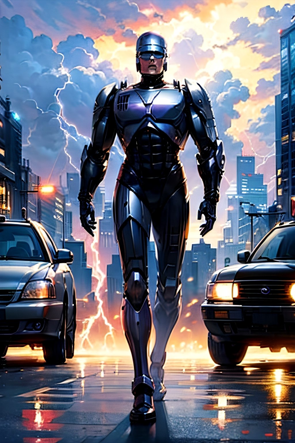 Robocop, full body, futuristic city, cloudy sky, lightning, crowds, cars, 