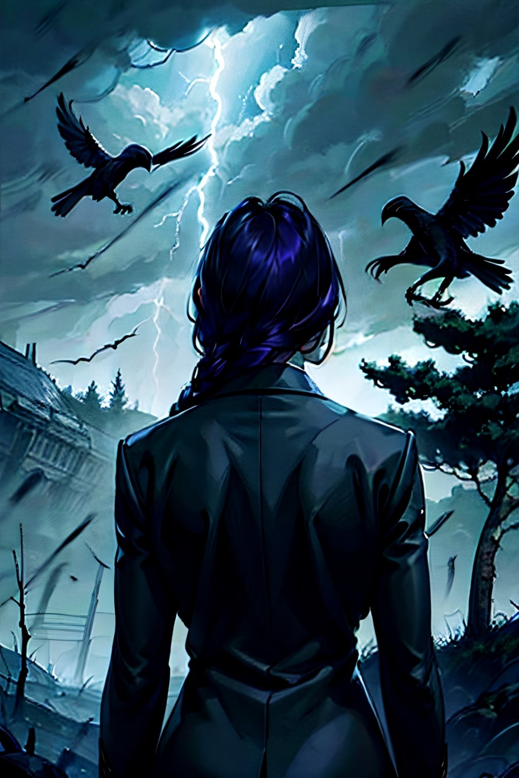 DC, Raven, facial portrait, sexy stare, smirked, dark forest, cloudy sky, lightning, fog, ravens flying, from behind 