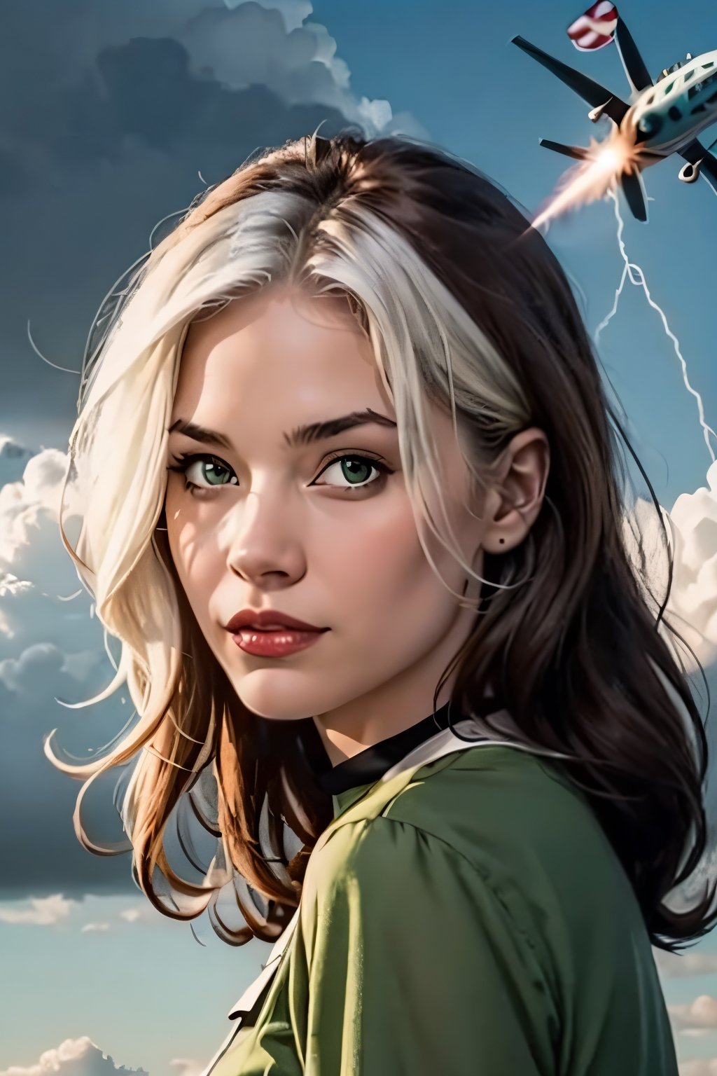 Rogue, facial portrait, sexy stare, smirked, flying through the sky, city below, cloudy sky, lightning, birds, planes, 