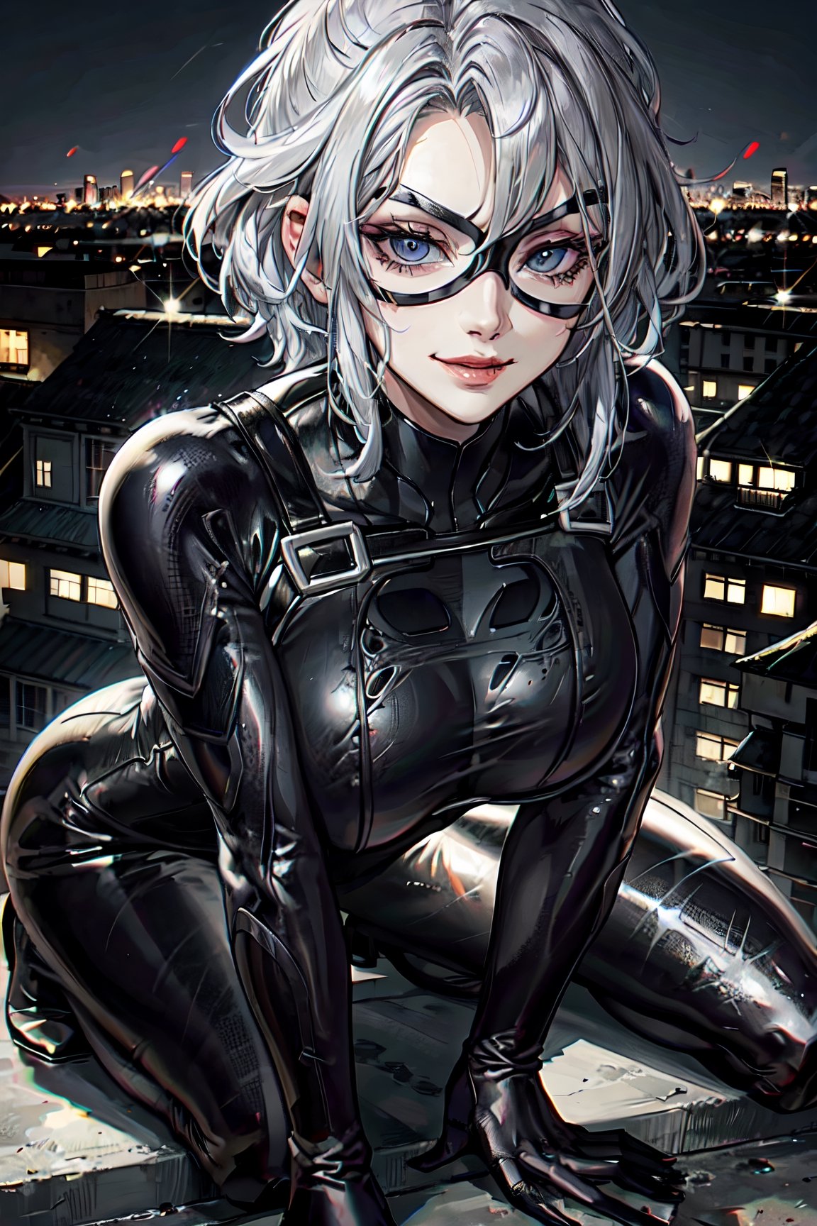 MarvelBlackCat, facial portrait, sexy stare, smirked, on top of building, night sky, city below, 