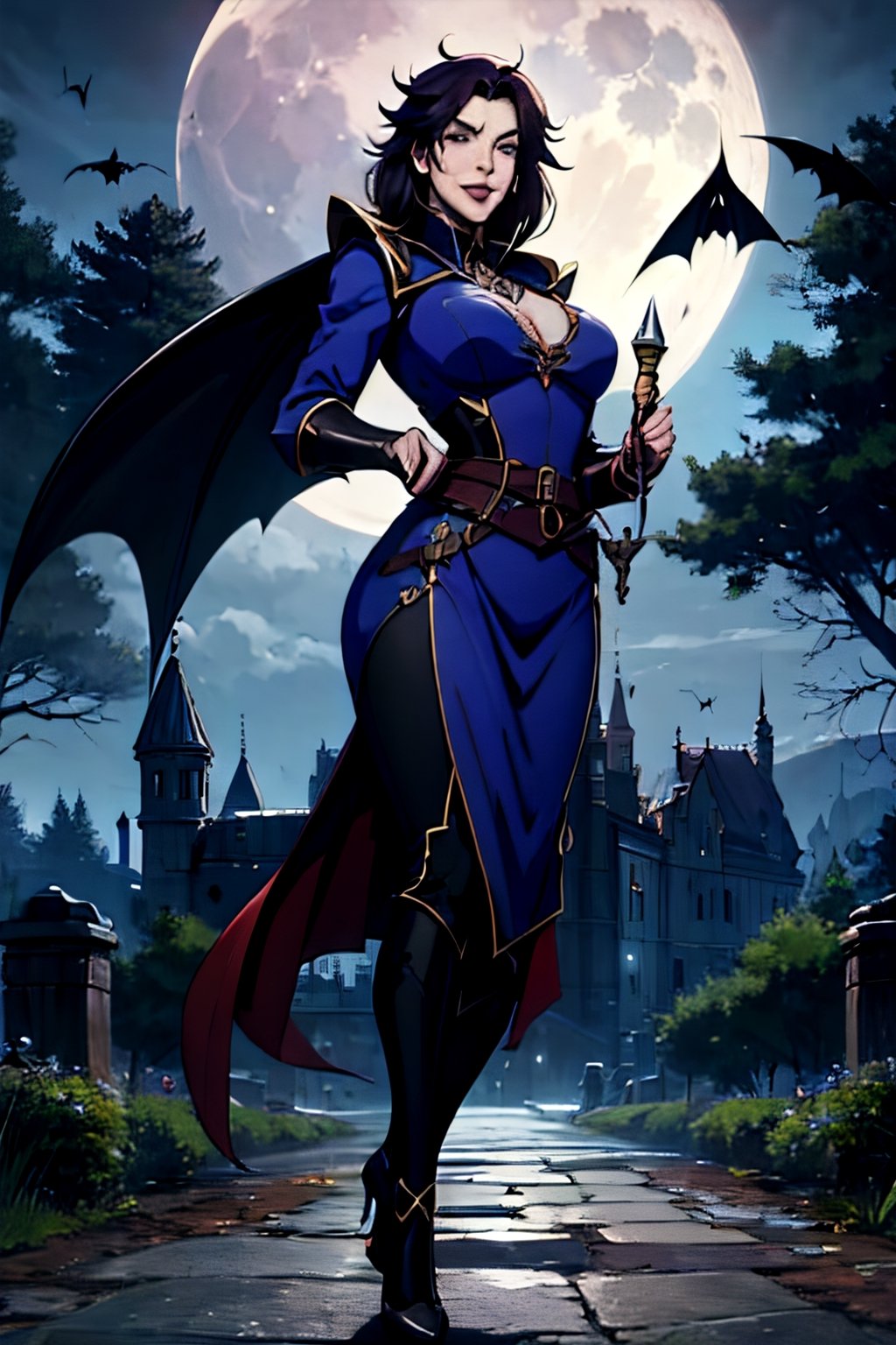 castlevania style, Julia Belmont, facial portrait, sexy stare, smirked, full body, sexy pose, forest, cloudy sky, bats flying around, castle on the horizon, full moon, whip in hand