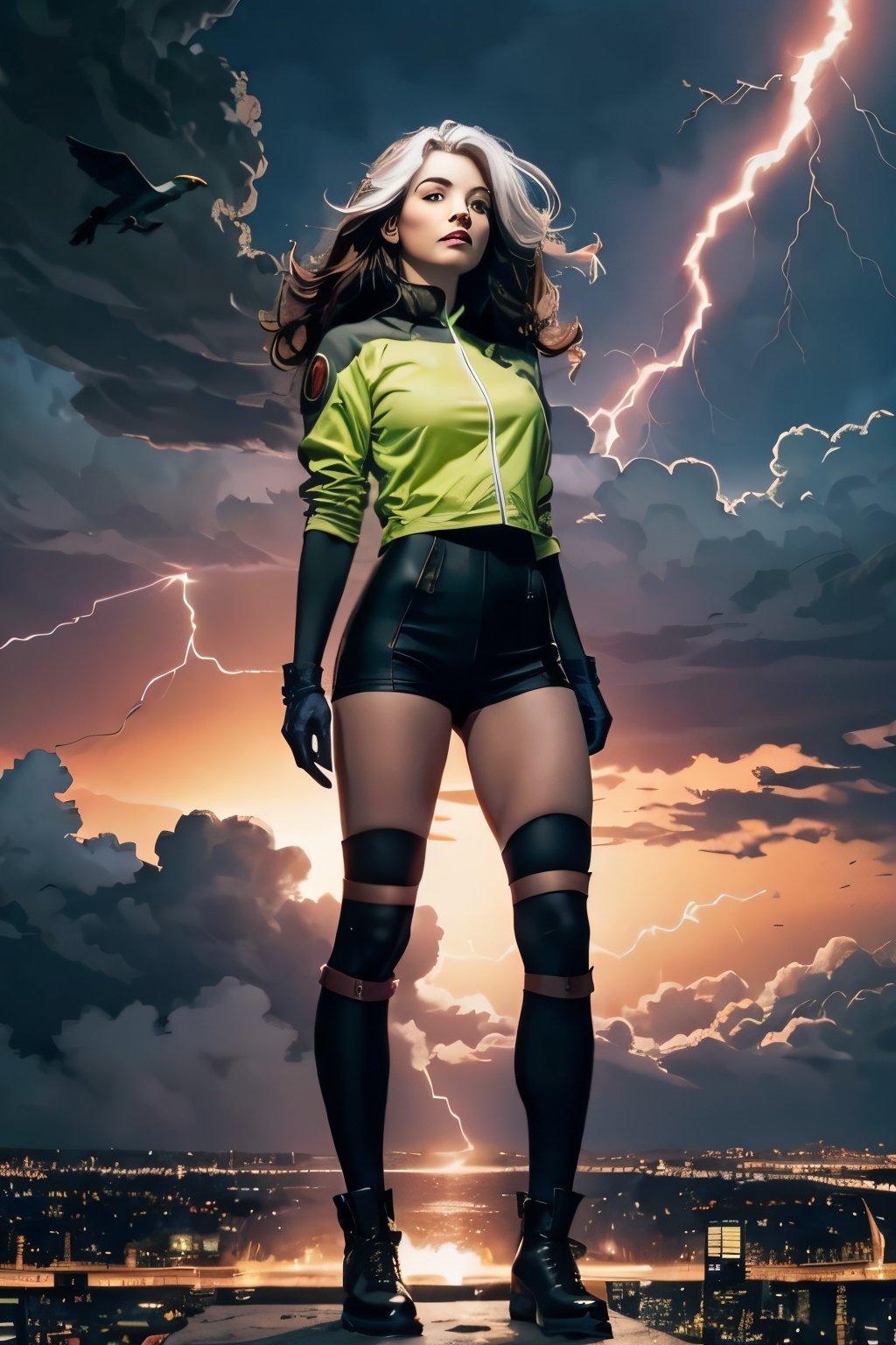 Rogue, facial portrait, sexy stare, smirked, full body, flying through the sky, city below, cloudy sky, lightning, birds, planes, 