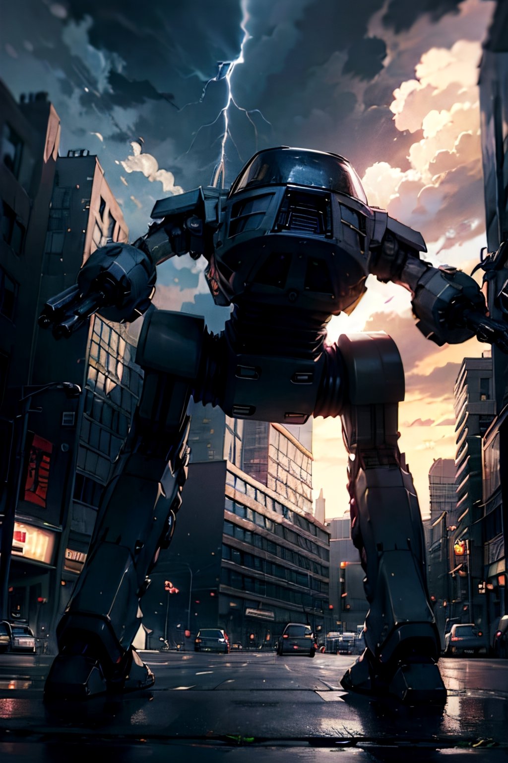 Ed-209, futuristic city, cloudy sky, lightning, crowds, cars, 