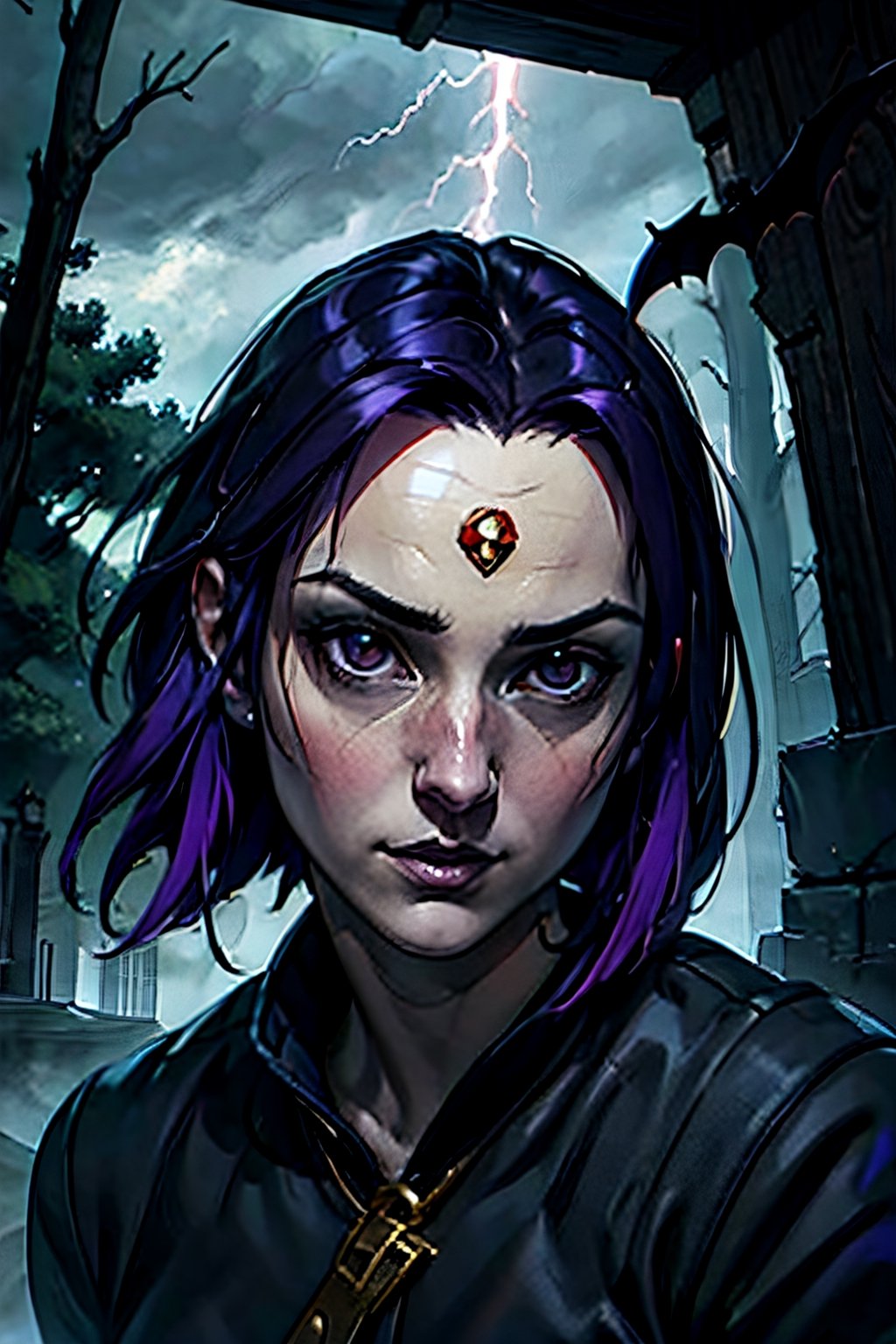 DC, Raven, facial portrait, sexy stare, smirked, dark forest, cloudy sky, lightning, fog, bats, crouched 