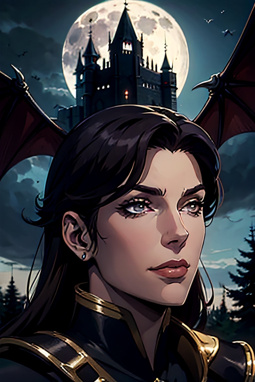 castlevania style, Julia Belmont, facial portrait, sexy stare, smirked, forest, cloudy sky, bats flying around, castle on the horizon, full moon, whip in hand,  from behind 