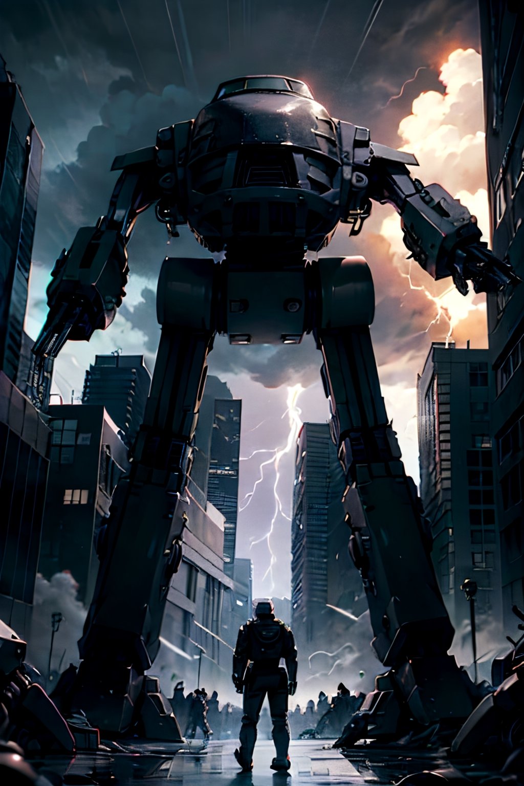 Ed-209, Standing menacing,  futuristic city, cloudy sky, lightning, crowds, cars, 