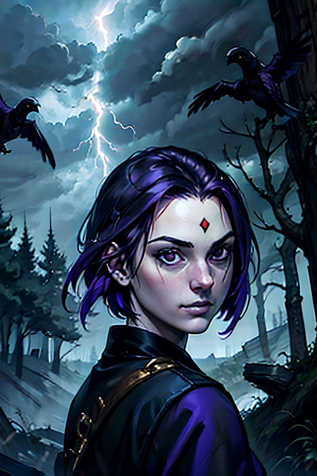 DC, Raven, facial portrait, sexy stare, smirked, dark forest, cloudy sky, lightning, fog, ravens flying, from behind 