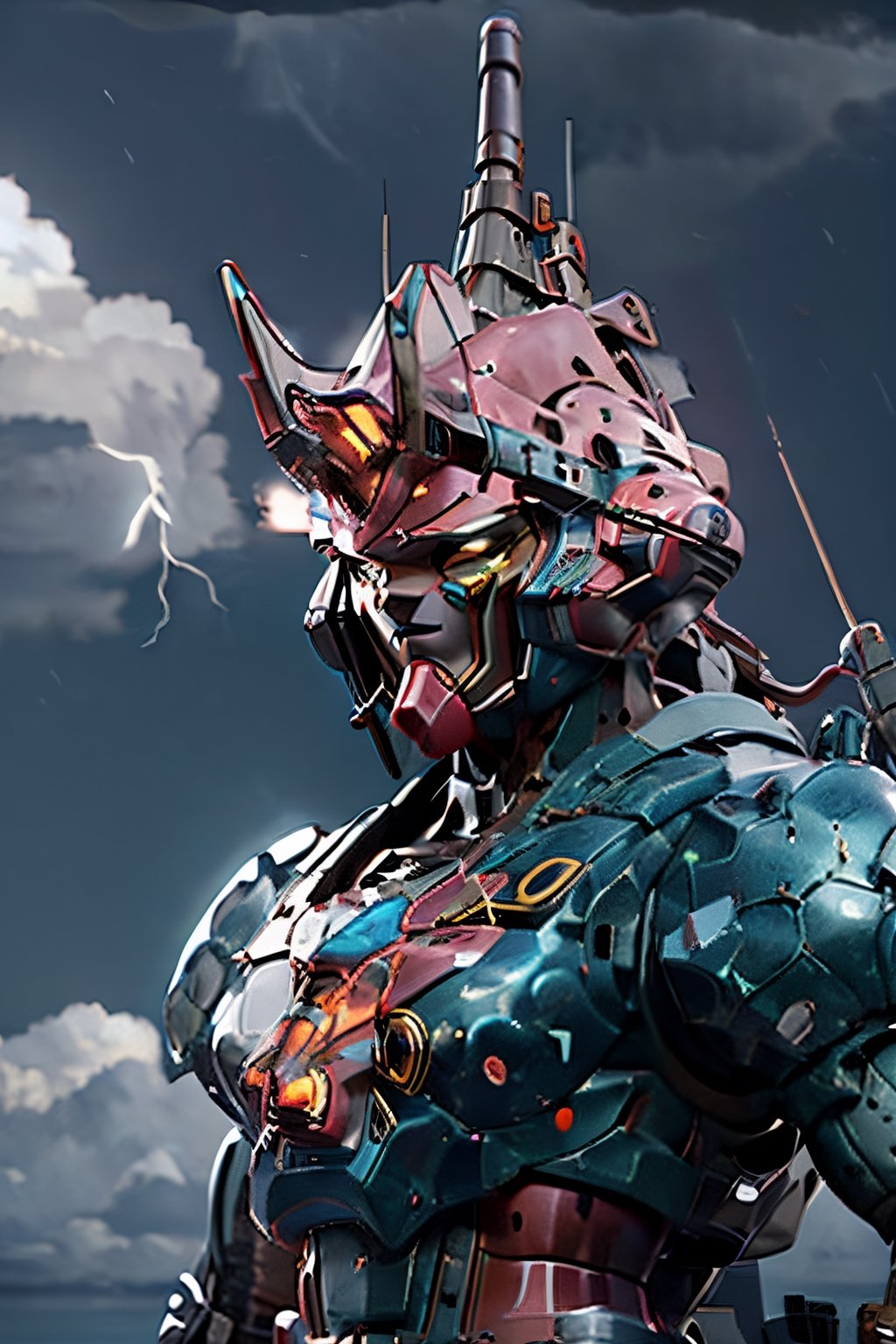 BJ_Gundam, facial portrait, full body, fighting,  fire sword, ocean, big battleships, cloudy sky, lightning, ,sea monster