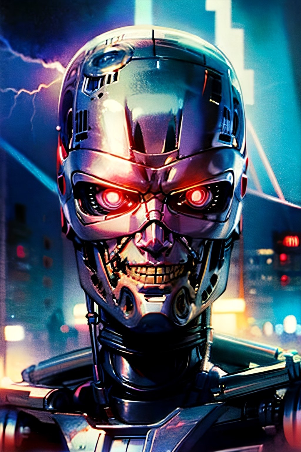 Robocop vs. Terminator, facial portrait, smirked, futuristic city, cloudy sky, lightning, crowds, cars, ,T800Endoskeleton