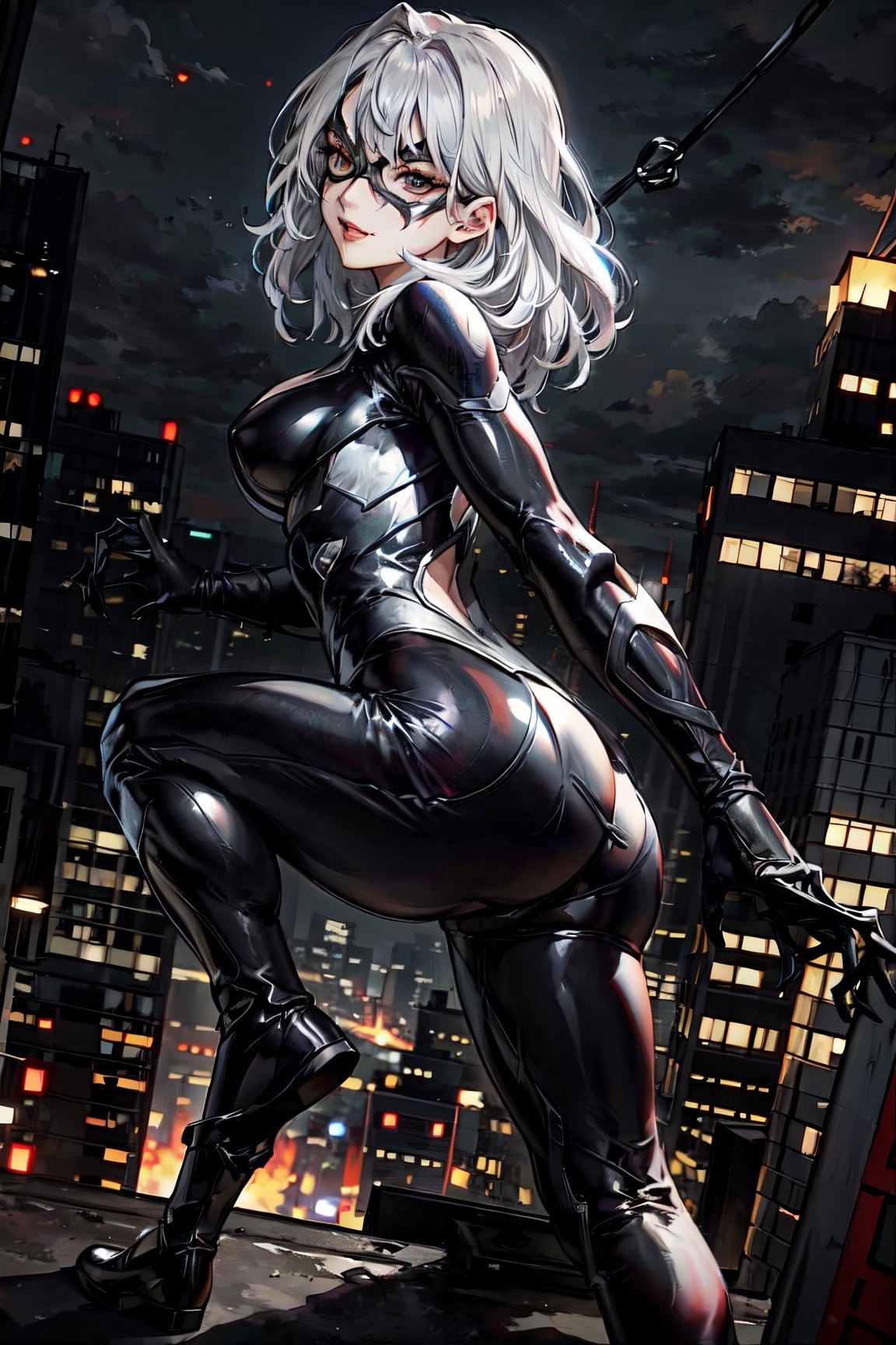 MarvelBlackCat, facial portrait, sexy stare, smirked, on top of building, night sky, city below, cars, cloudy, Spider-Man swinging, butt shot 