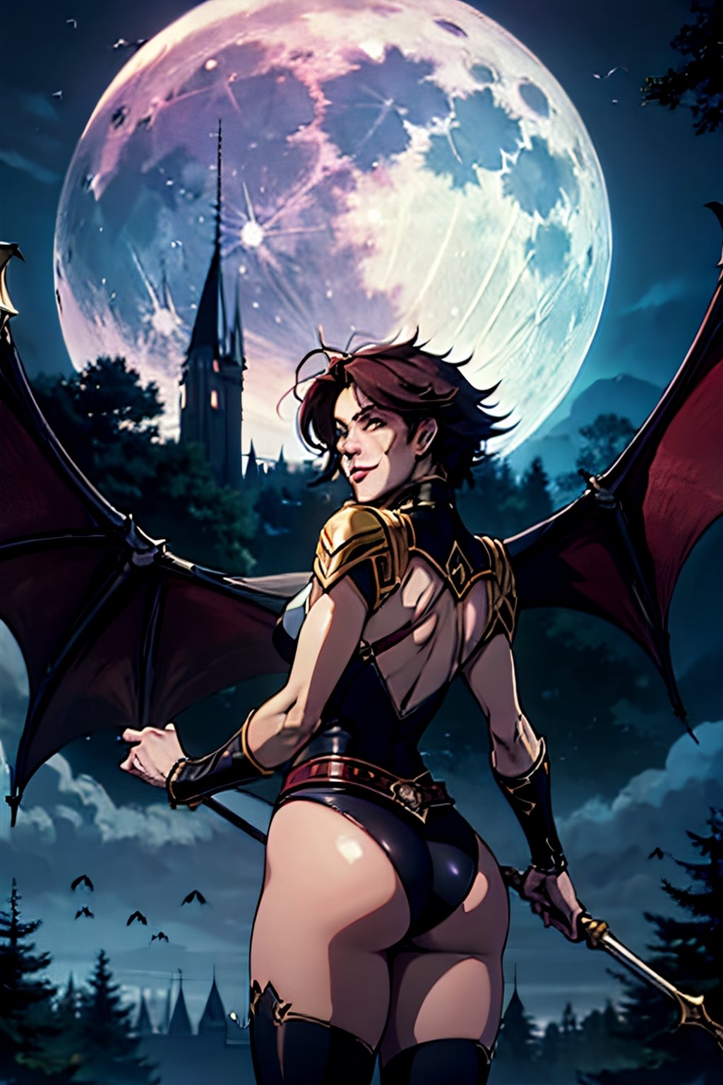 castlevania style, Julia Belmont, facial portrait, sexy stare, smirked, butt shot, forest, cloudy sky, bats flying around, castle on the horizon, full moon, whip in hand