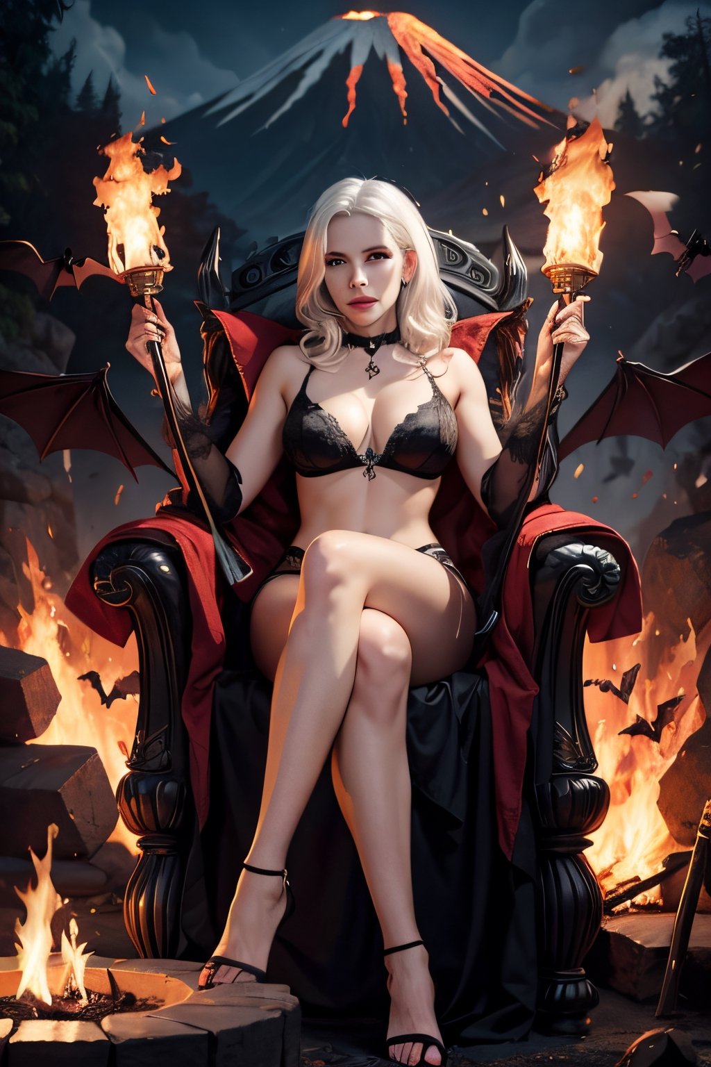 Lady Death, white hair, white skin, facial portrait, sexy stare, smirked, laying on a big throne, fire pits, demons, bats, lava, volcano erupting, 