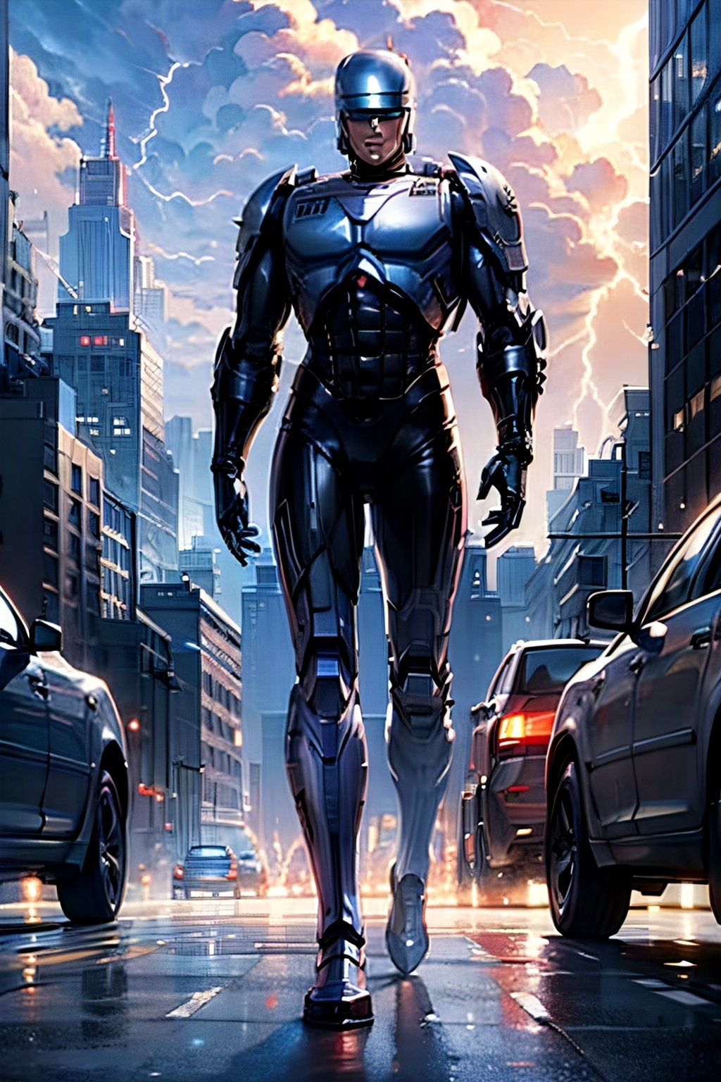 Robocop, full body, futuristic city, cloudy sky, lightning, crowds, cars, 