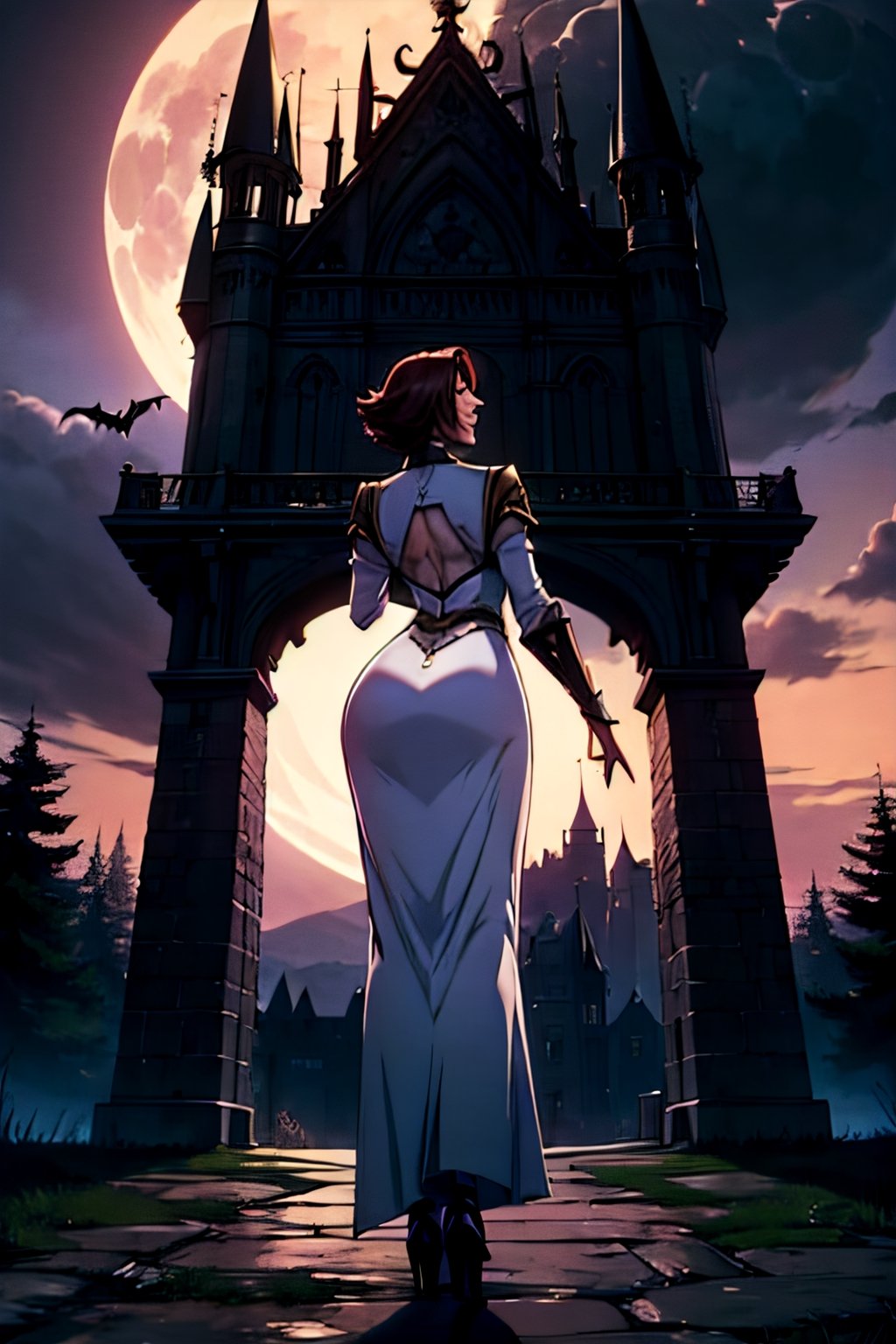 castlevania style, Julia Belmont, facial portrait, sexy stare, smirked, full body, sexy pose, forest, cloudy sky, bats flying around, castle on the horizon, full moon, whip in hand,  from behind 