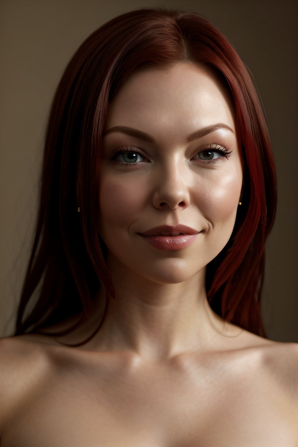 Photorealistic, young Laura Prepon, naked, red hair, facial portrait, sexy stare, smirked 