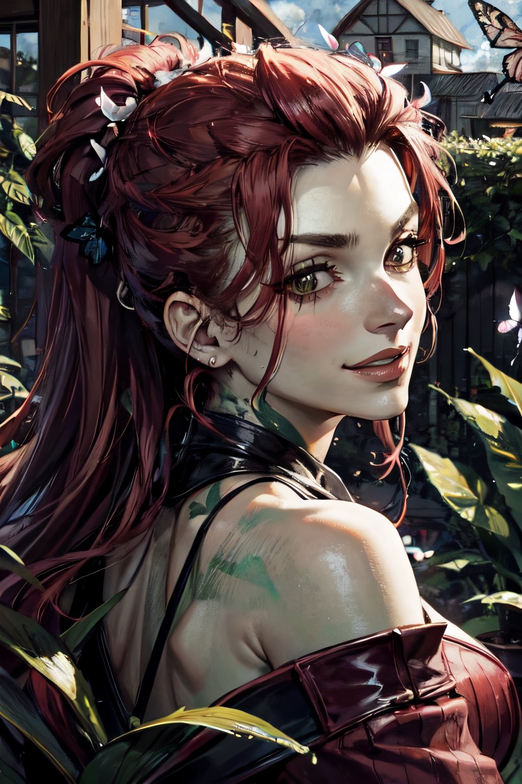 Poison Ivy, facial portrait, sexy stare, smirked, greenhouse, cloudy sky, butterflies, from behind 