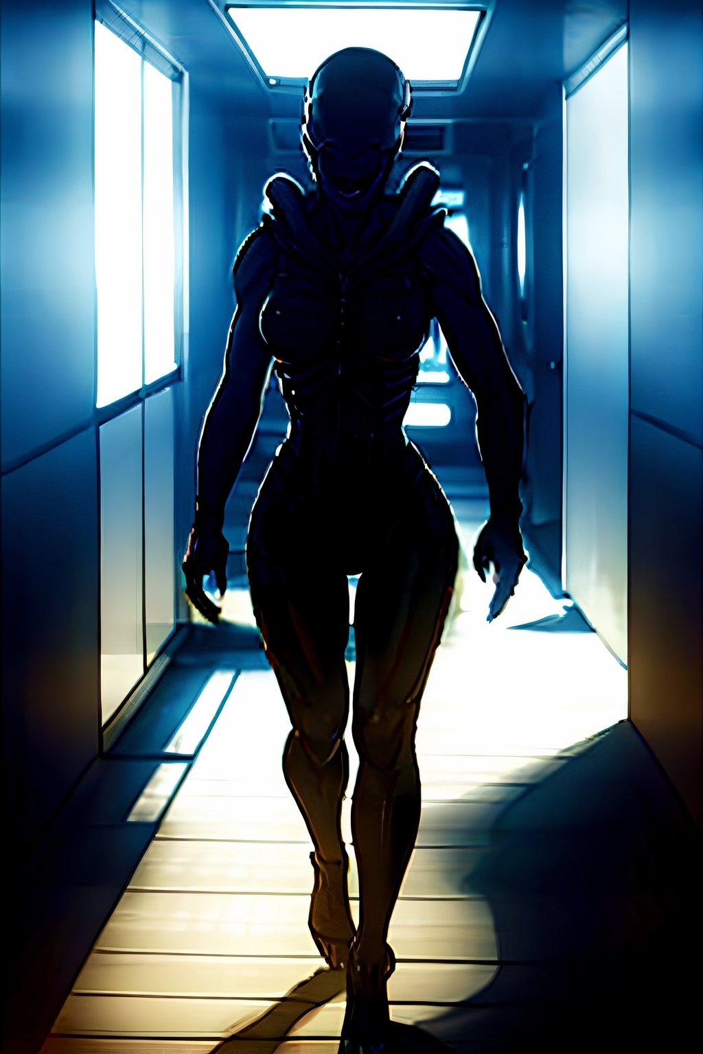 Xenomorph, facial portrait, menacing look, walking through the hallway of spaceship 