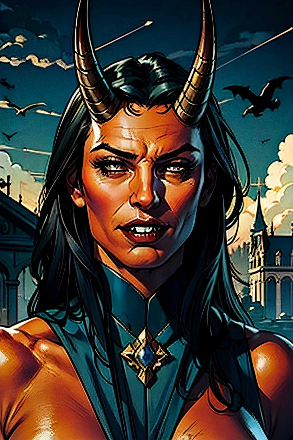 Purgatori, red skin, horns, vampire fangs,  facial portrait, sexy stare, smirked, inside palace, cloudy sky, birds, 