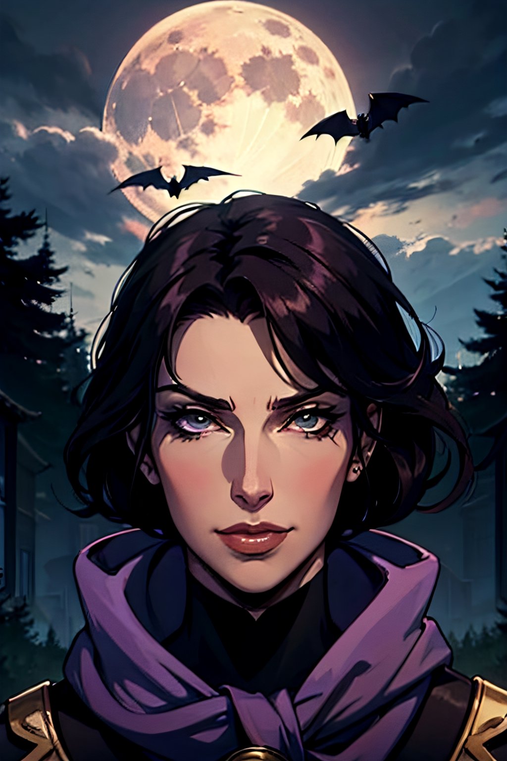 castlevania style, Julia Belmont, facial portrait, sexy stare, smirked, forest, cloudy sky, bats flying around, castle on the horizon, full moon, whip in hand,  from behind 