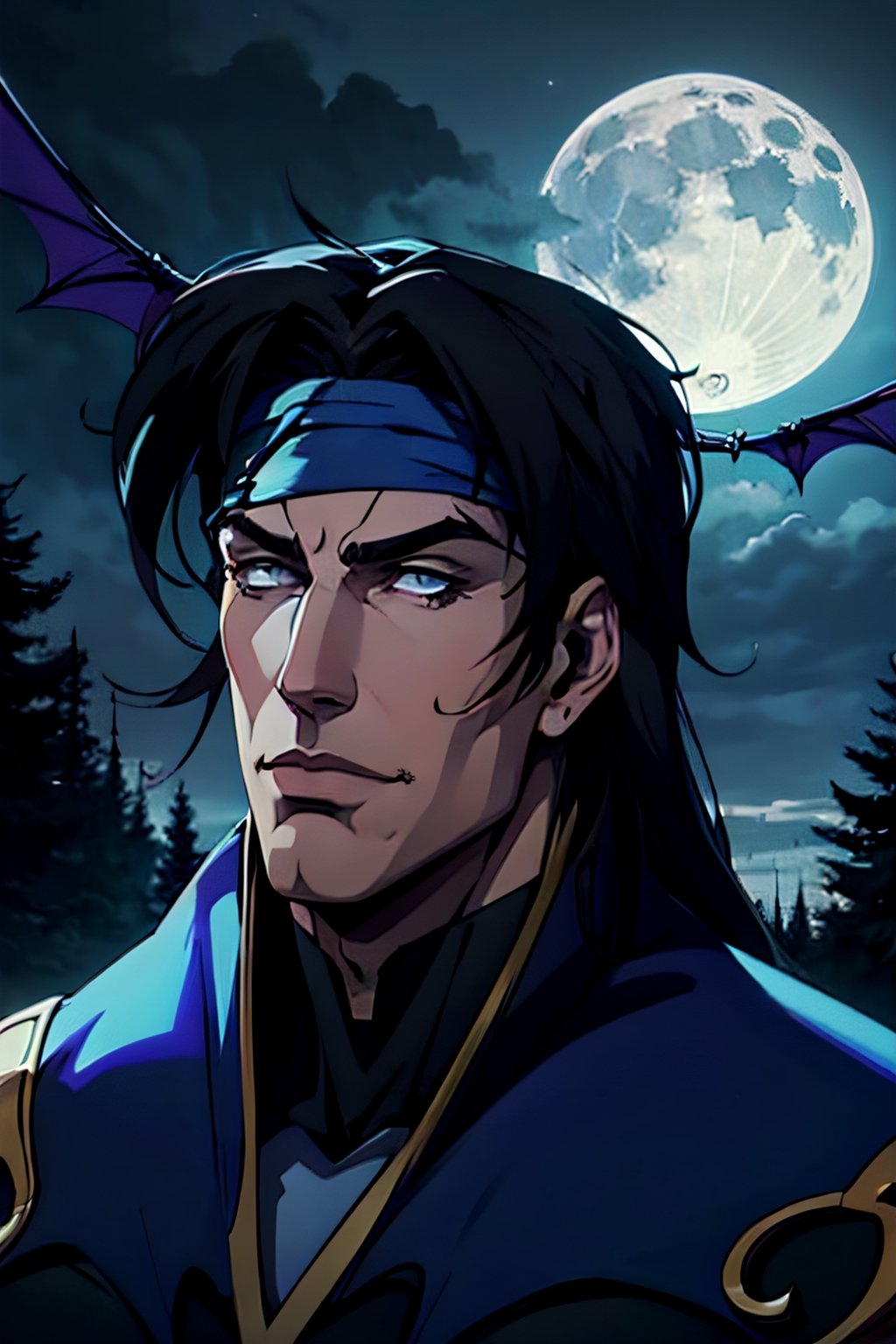 castlevania style, Richter Belmont, white headband, facial portrait, sexy stare, smirked, forest, cloudy sky, bats flying around, castle on the horizon, full moon, whip in hand, from behind 