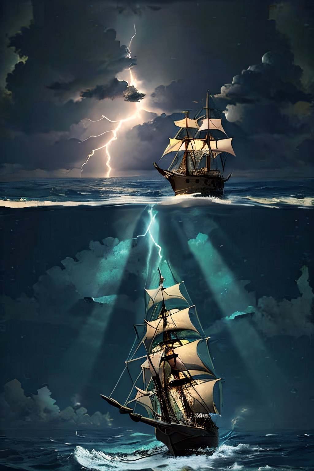 sea monster, ocean, boat ships, cloudy sky, lightning 