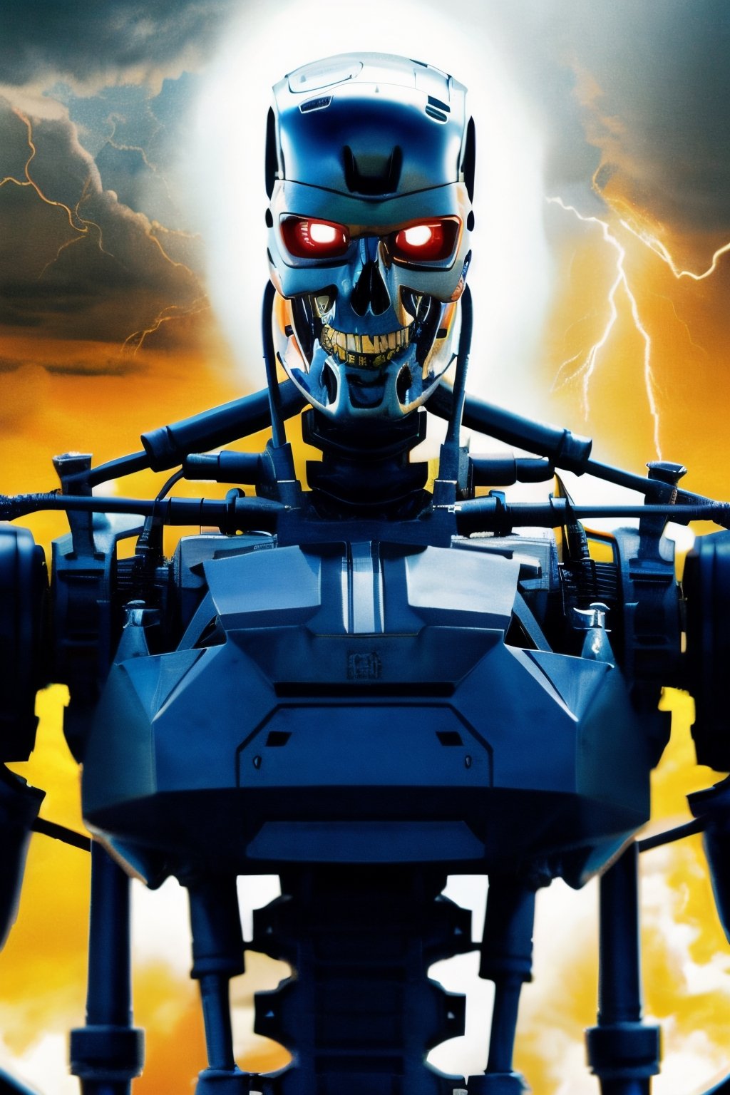 T800Endoskeleton,  facial portrait, standing menacing, machine gun, cloudy sky, lightning, futuristic wasteland, 