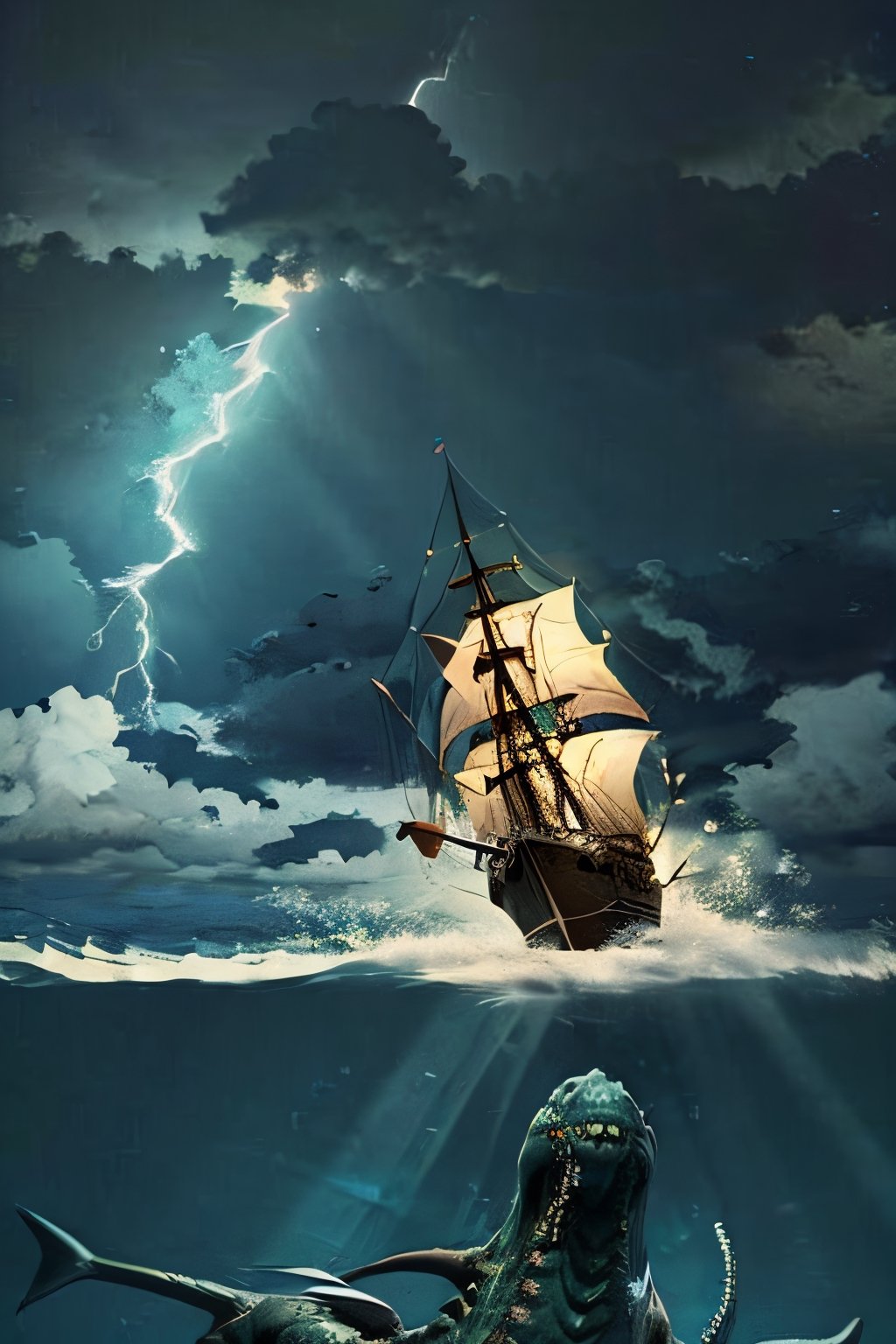 sea monster, ocean, boat ships, cloudy sky, lightning 