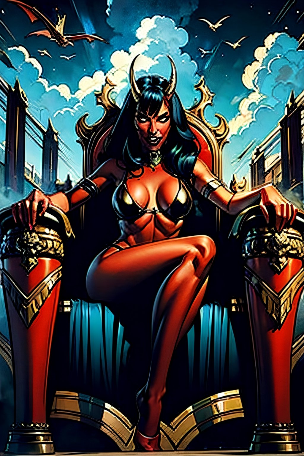 Purgatori, red skin, horns, vampire fangs,  facial portrait, sexy stare, smirked, anal portrait, Spreading legs, sitting on a Big throne, inside palace, cloudy sky, birds, 