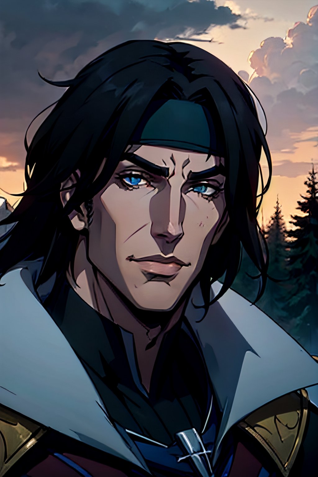 castlevania style, Richter Belmont, white headband, facial portrait, sexy stare, smirked, forest, cloudy sky, bats, castle on the horizon, 