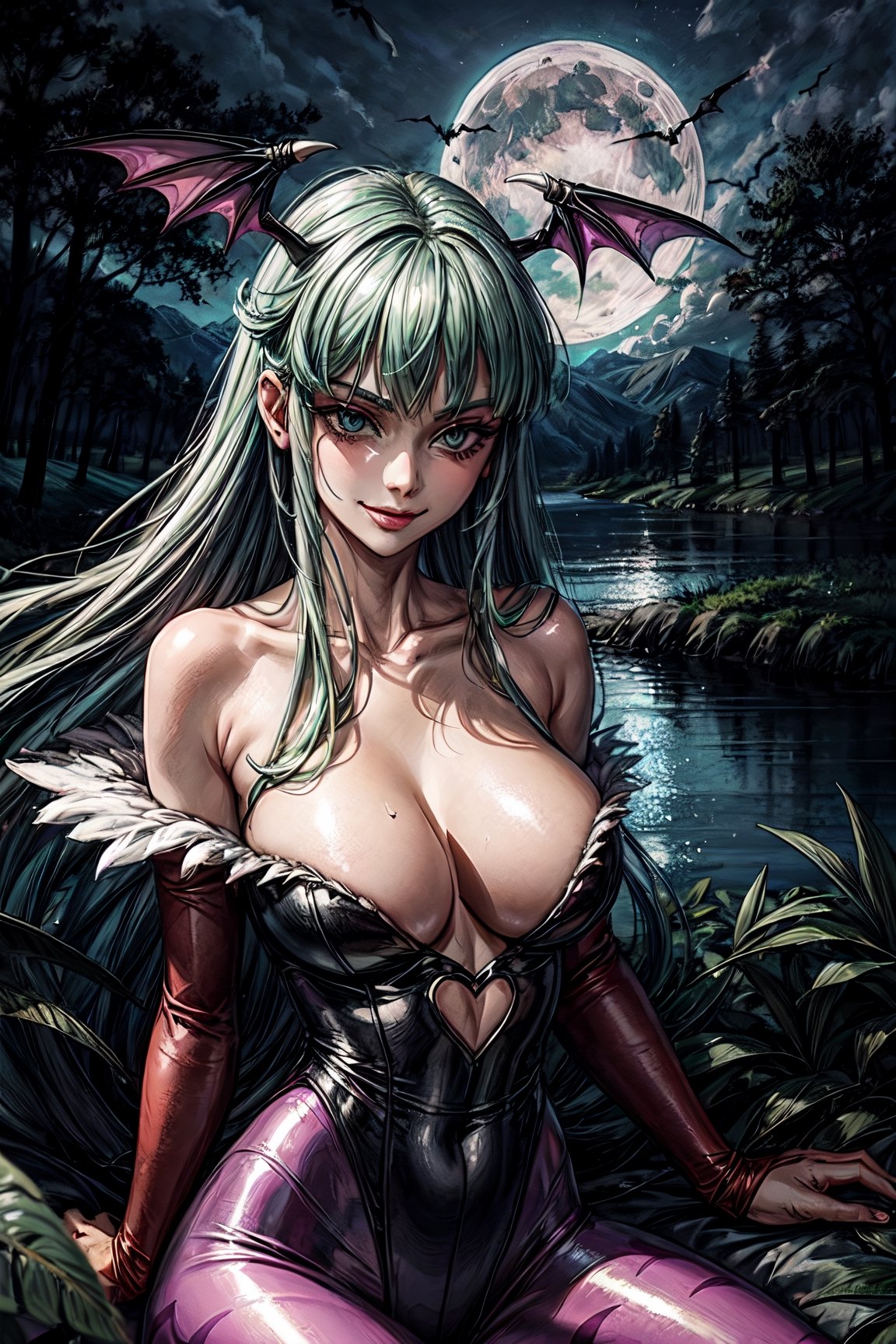 morrigan_aensland_aiwaifu,  facial portrait, sexy stare, smirked, on top of castle, bats, cloudy sky, full moon, forest below, lake, crouched 