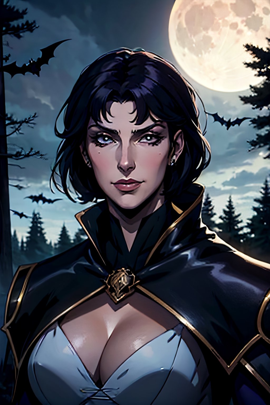 castlevania style, Julia Belmont, facial portrait, sexy stare, smirked, forest, cloudy sky, bats flying around, castle on the horizon, full moon, whip in hand,  from behind 