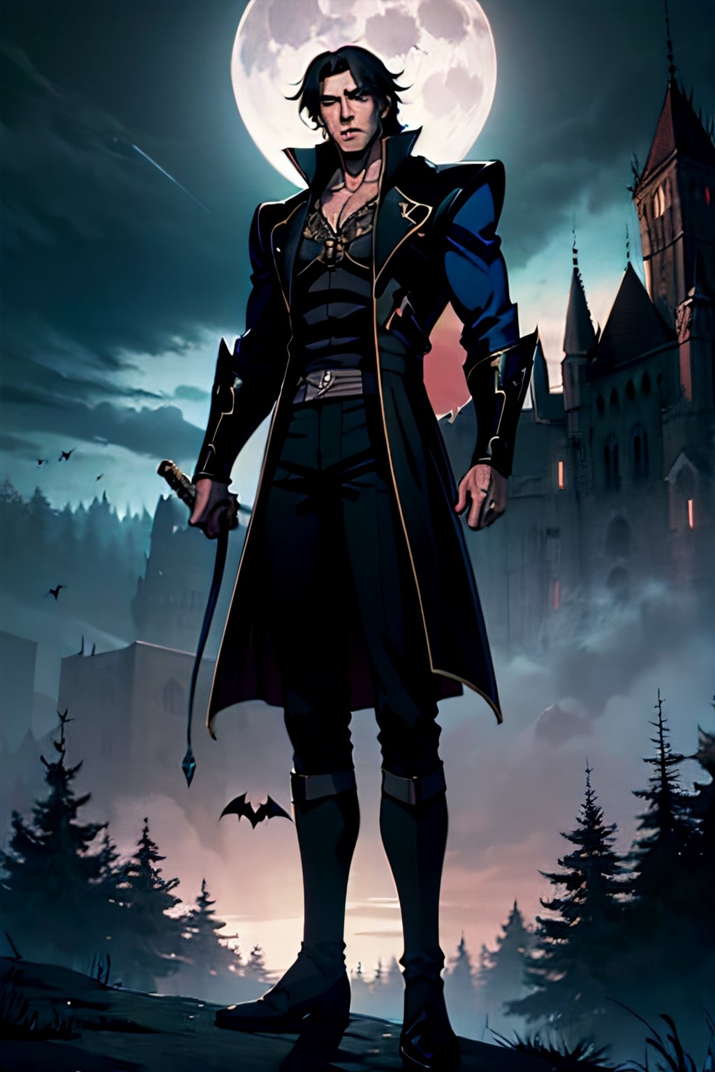 castlevania style, Richter Belmont, white headband, facial portrait, sexy stare, smirked, full body, Standing menacing, forest, cloudy sky, bats flying around, castle on the horizon, full moon, whip in hand