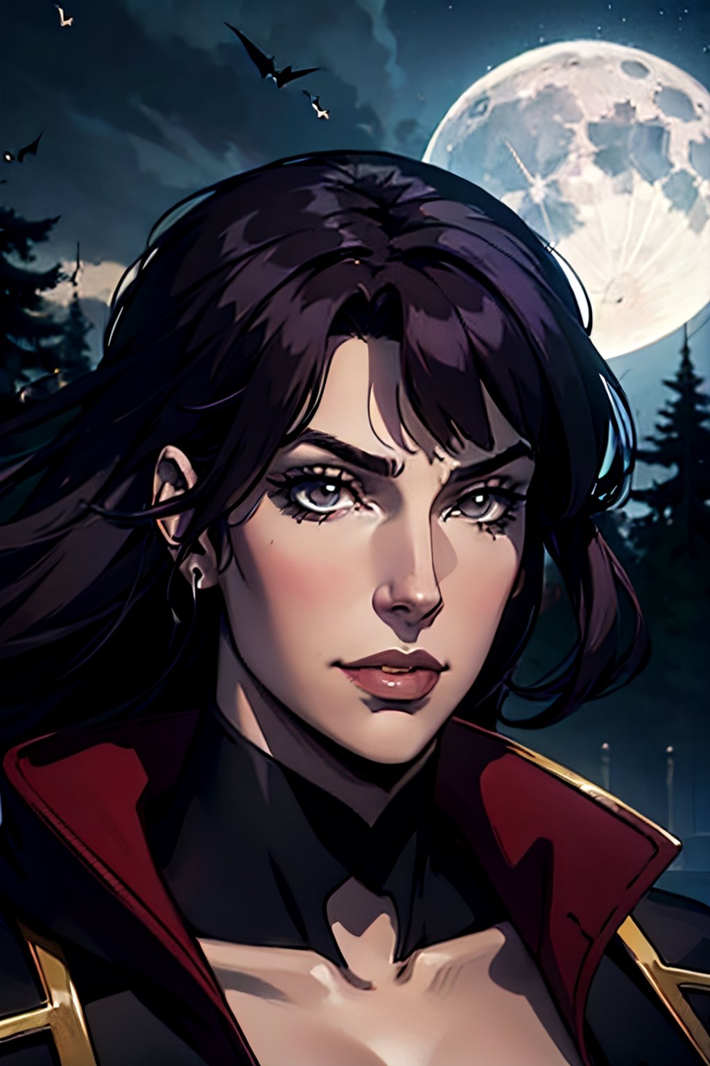 castlevania style, Julia Belmont, facial portrait, sexy stare, smirked, forest, cloudy sky, bats flying around, castle on the horizon, full moon, whip in hand