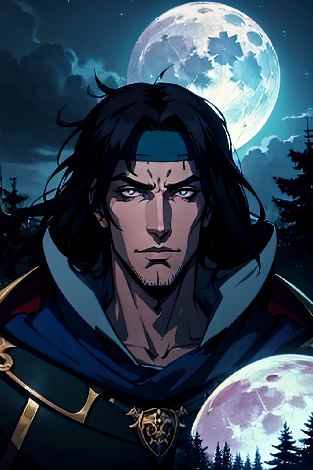 castlevania style, Richter Belmont, white headband, facial portrait, sexy stare, smirked, forest, cloudy sky, bats flying around, castle on the horizon, full moon, whip in hand 