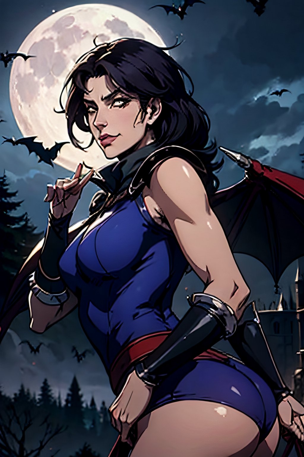 castlevania style, Julia Belmont, facial portrait, sexy stare, smirked, butt shot, forest, cloudy sky, bats flying around, castle on the horizon, full moon, whip in hand