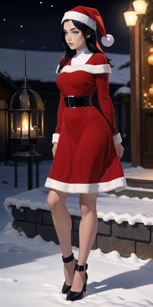 1girl, bishop, pale_skin, rosey_cheeks, stern, icey_palace, [scarlet hair|black hair] ,nun,sntdrs, red santa dress, regal, full_body, blizard