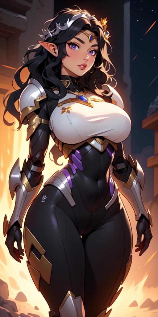 1girl, Long Hair, Midnight Black Hair, Wavy Hair, Curvy, ((Large Eyes)), Dark Violet Eyes, (((Tanned))), Silver Crown, (Black Armor), Rosy Lips, cyber_armor, elf_crown, big_hips, big_bust