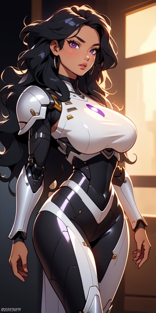 1girl, Long Hair, Midnight Black Hair, Wavy Hair, Curvy, ((Large Eyes)), Dark Violet Eyes, (((Tanned))), Silver Crown, (Black Armor), Rosy Lips, cyber_armor, big_hips, big_bust, shiny lips, 