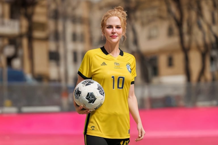 a beautiful girl, Nicole KIdman, green eyes, dramatic lighting, medium hair, messy bun, detailed face, detailed nose, visible neck, sporty t-shirt, soccer team t-shirt, number "10" is written on the chest, short sleeves, tight sleeves, tight t-shirt, freckles, beautiful smile, pink lips, holding a ball, realism, realistic, raw, analog, woman, portrait, photorealistic, realism, top body, top body shot, eyes looking at viewer, eyes looking at the camera