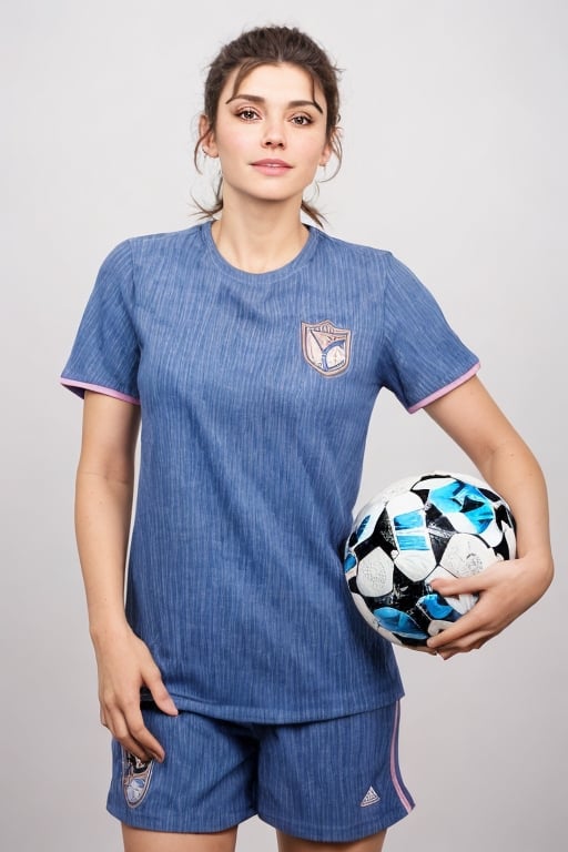 a beautiful girl, Audrey Tautou, brown eyes, dramatic lighting, medium hair, messy bun, detailed face, detailed nose, visible neck, sporty t-shirt, soccer team t-shirt, number "7" is written on the chest, short sleeves, tight sleeves, tight t-shirt, freckles, beautiful smile, pink lips, holding a ball, realism, realistic, raw, analog, woman, portrait, photorealistic, realism, top body, top body shot, eyes looking at viewer, eyes looking at the camera