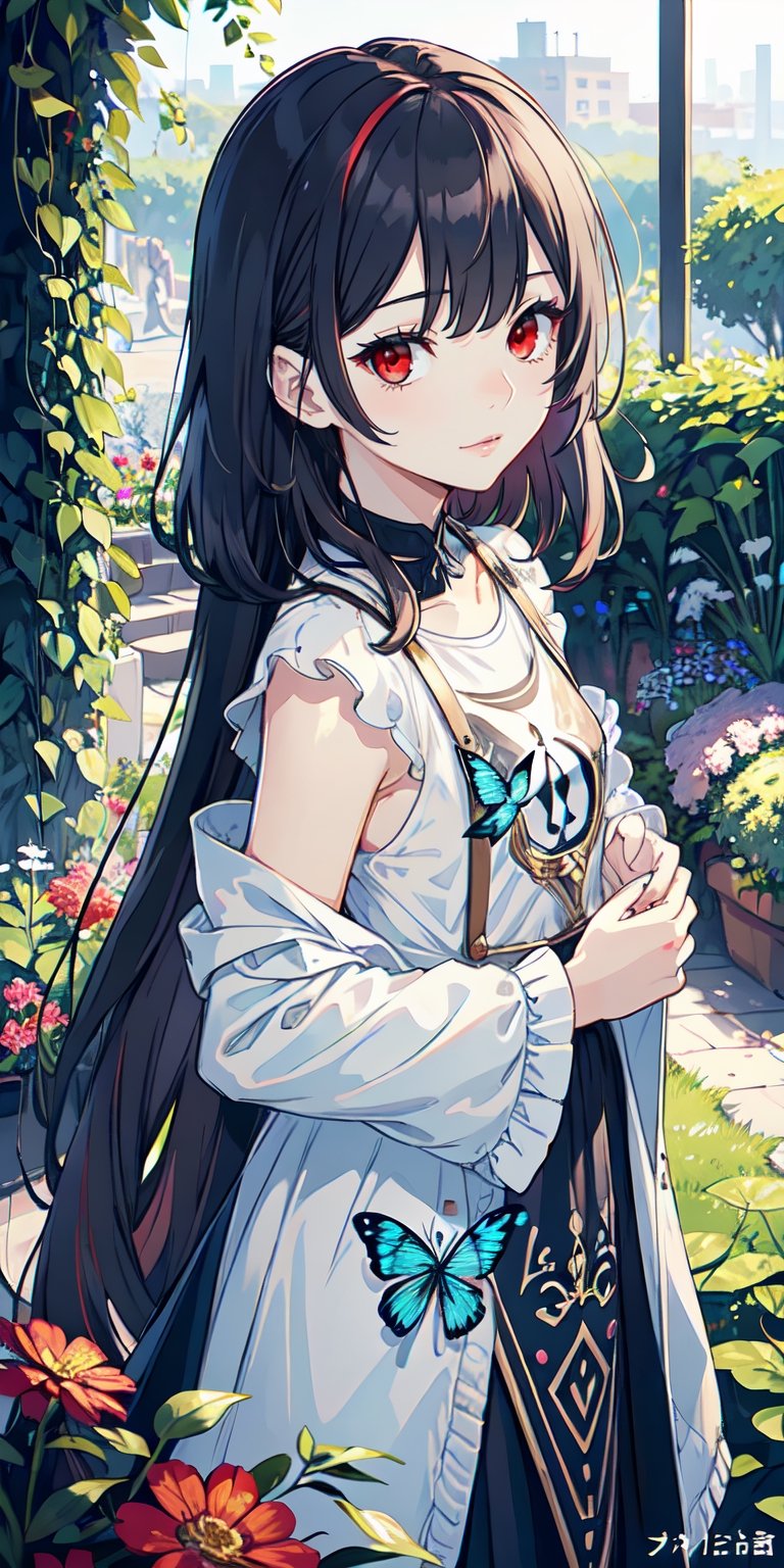 red eyes, ((black hair)), girl, tender expression, long hair, (dinamic pose), black long sleeves, long bangs, small breasts, slender body, slight smile, garden, blue butterflies, white largue t-shirt, black short, black cloak, lock of red hair