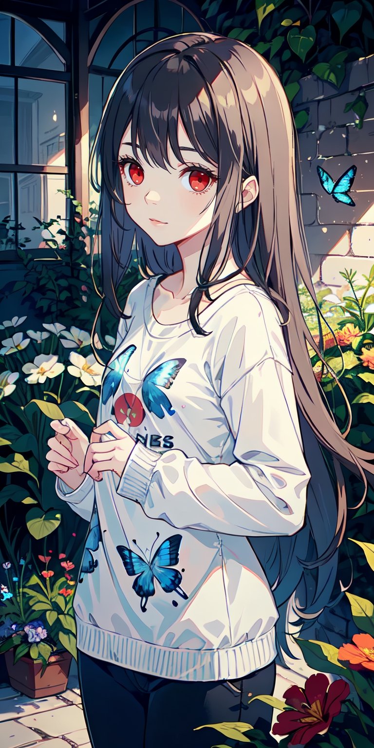 red eyes, ((black hair)), girl, tender expression, long hair, (dinamic pose), long sleeves, long bangs, small breasts, slender body, slight smile, garden, blue butterflies, white largue t-shirt, black short,Anya