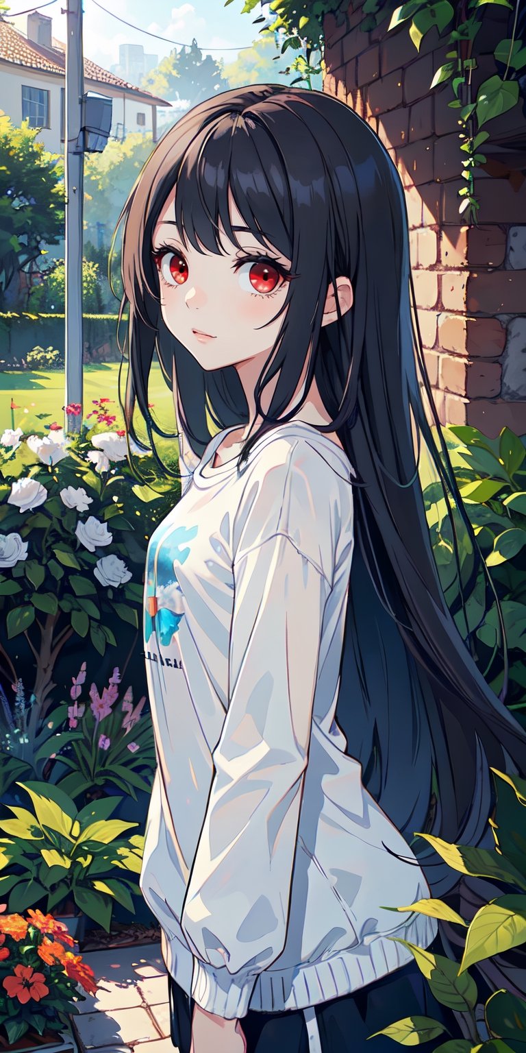 red eyes, ((black hair)), girl, tender expression, long hair, (dinamic pose), long sleeves, long bangs, small breasts, slender body, slight smile, garden, blue butterflies, white largue t-shirt, black short,Anya