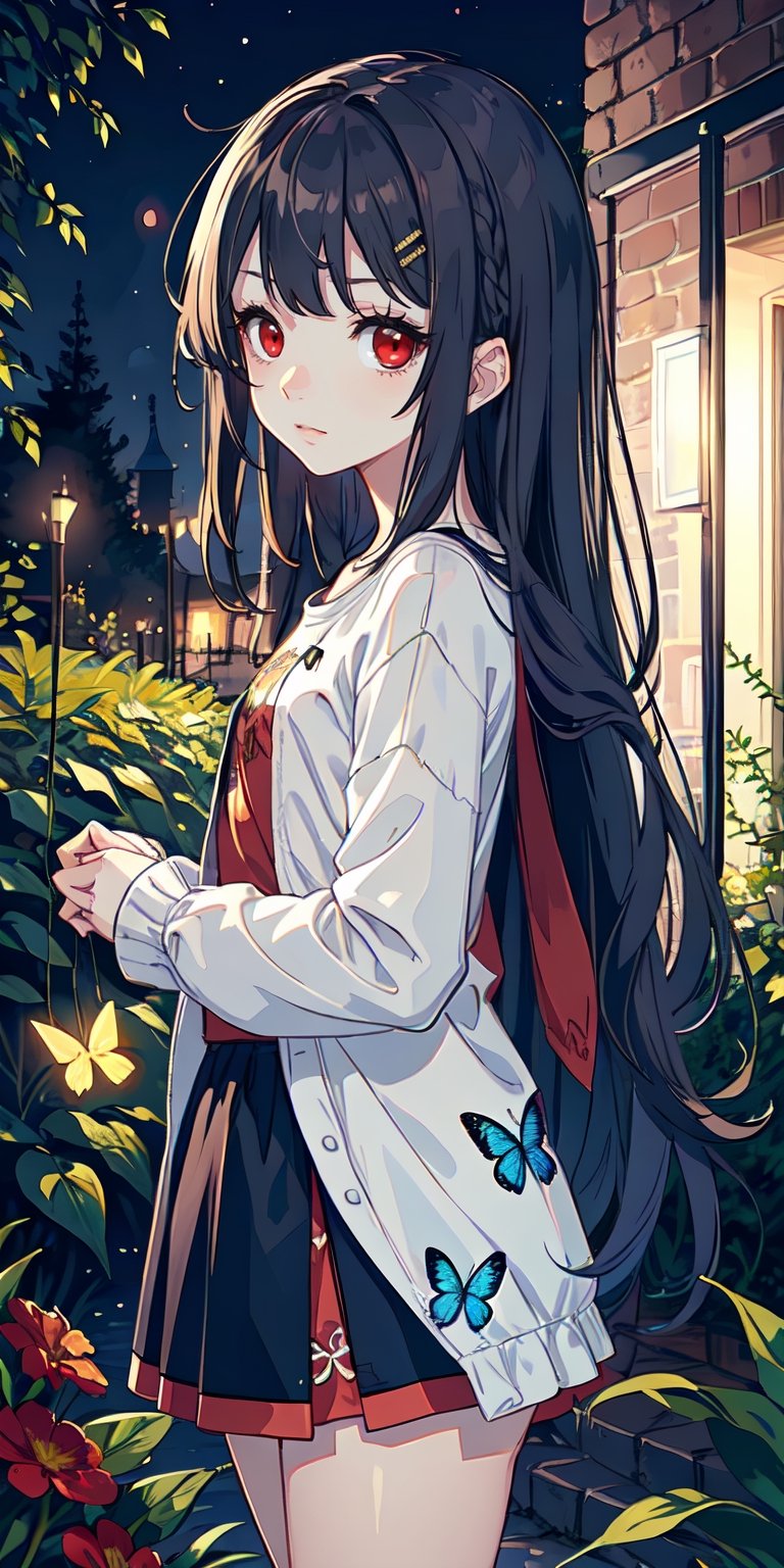 red eyes, ((black hair)), girl, tender expression, long hair, (dinamic pose), black long sleeves, long bangs, small breasts, slender body, slight smile, garden, blue butterflies, white largue t-shirt, red skirt, black cloak, tuft of red hair, evening,Anya