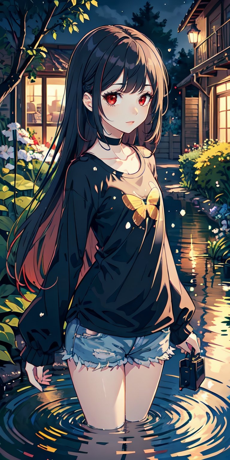 red eyes, ((black hair)), girl, tender expression, long hair, (dinamic pose), black long sleeves, long bangs, small breasts, slender body, slight smile, garden, blue butterflies, white largue t-shirt, black short, lock of red hair, evening, stop in puddle of water