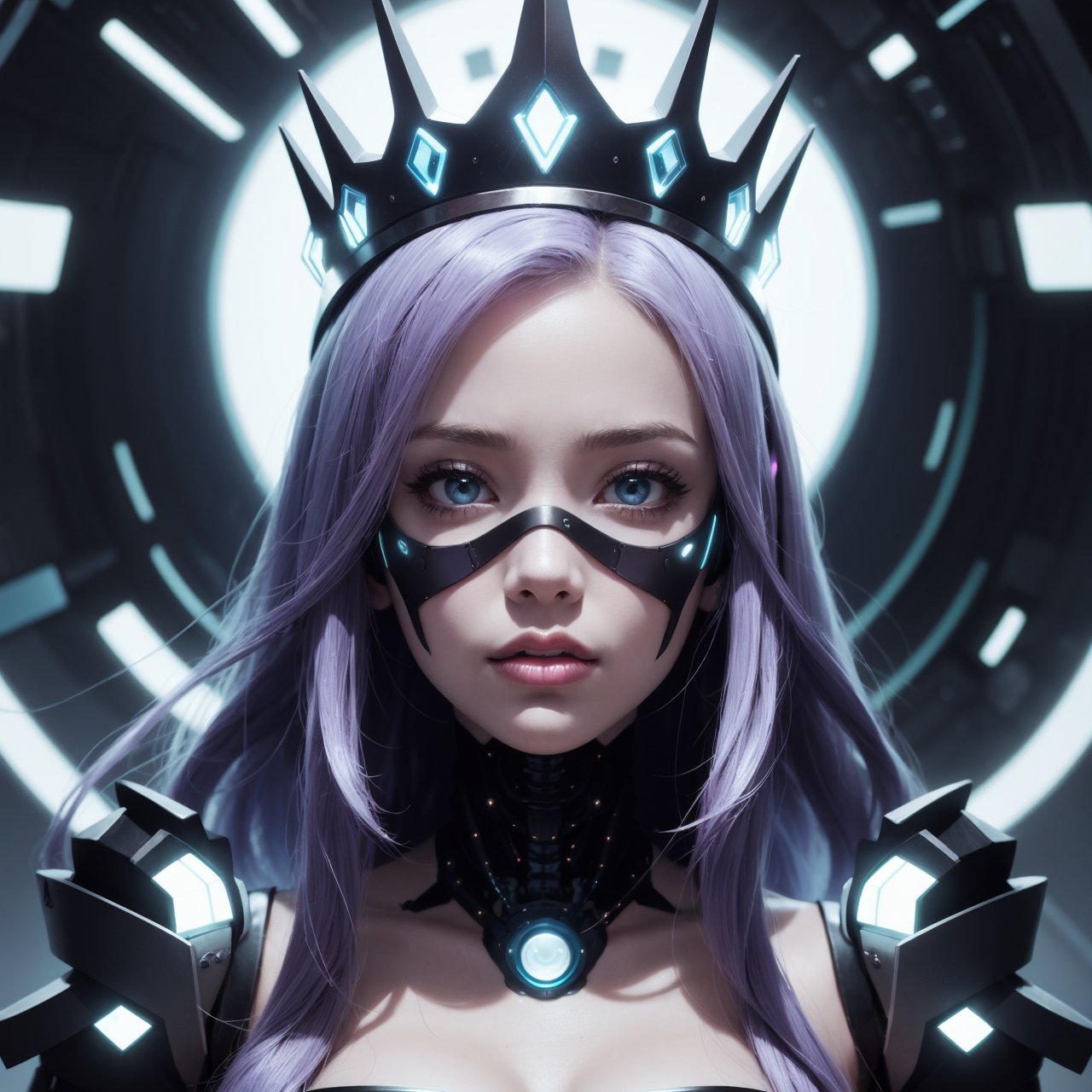 CyberQueen: Design an Instagram icon that showcases a futuristic queen with cybernetic enhancements. Combine futuristic elements like a high-tech crown, glowing facial implants, or robotic tendrils that gracefully intertwine with her hair. Experiment with a monochromatic color scheme, such as shades of blue or purple, to enhance the icon's futuristic vibe